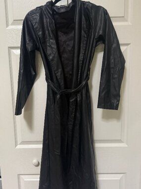 Apperloth Black Faux Leather Belted Long Trench Coat Size S